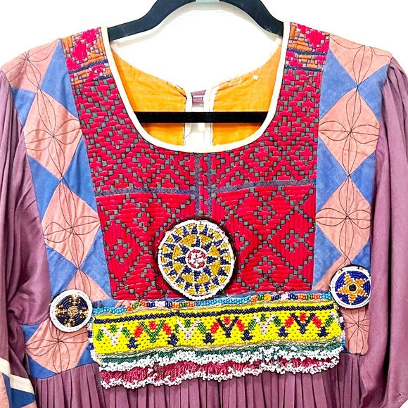 Vintage 1970s Afghan Kuchi Embroidered Beaded Patchwork Bohemian Tribal Dress - Picture 3 of 8